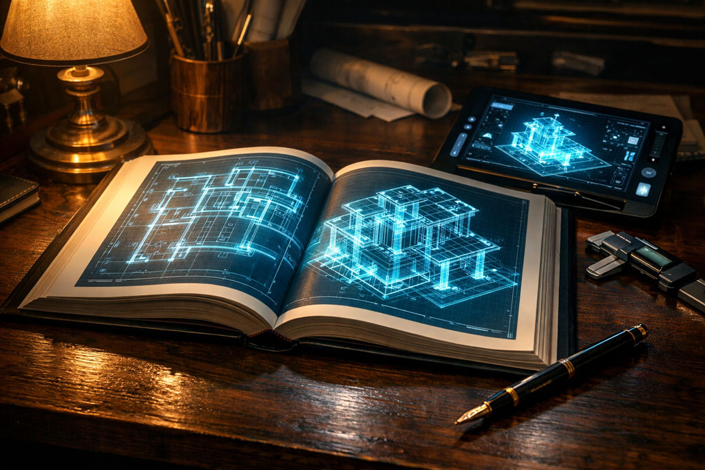 Architektenwerkplatz bei Nacht